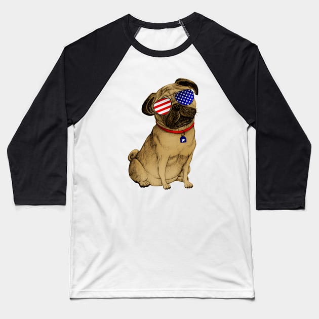 Cute Pug Wearing USA Sunglasses Baseball T-Shirt by CreativeShirt